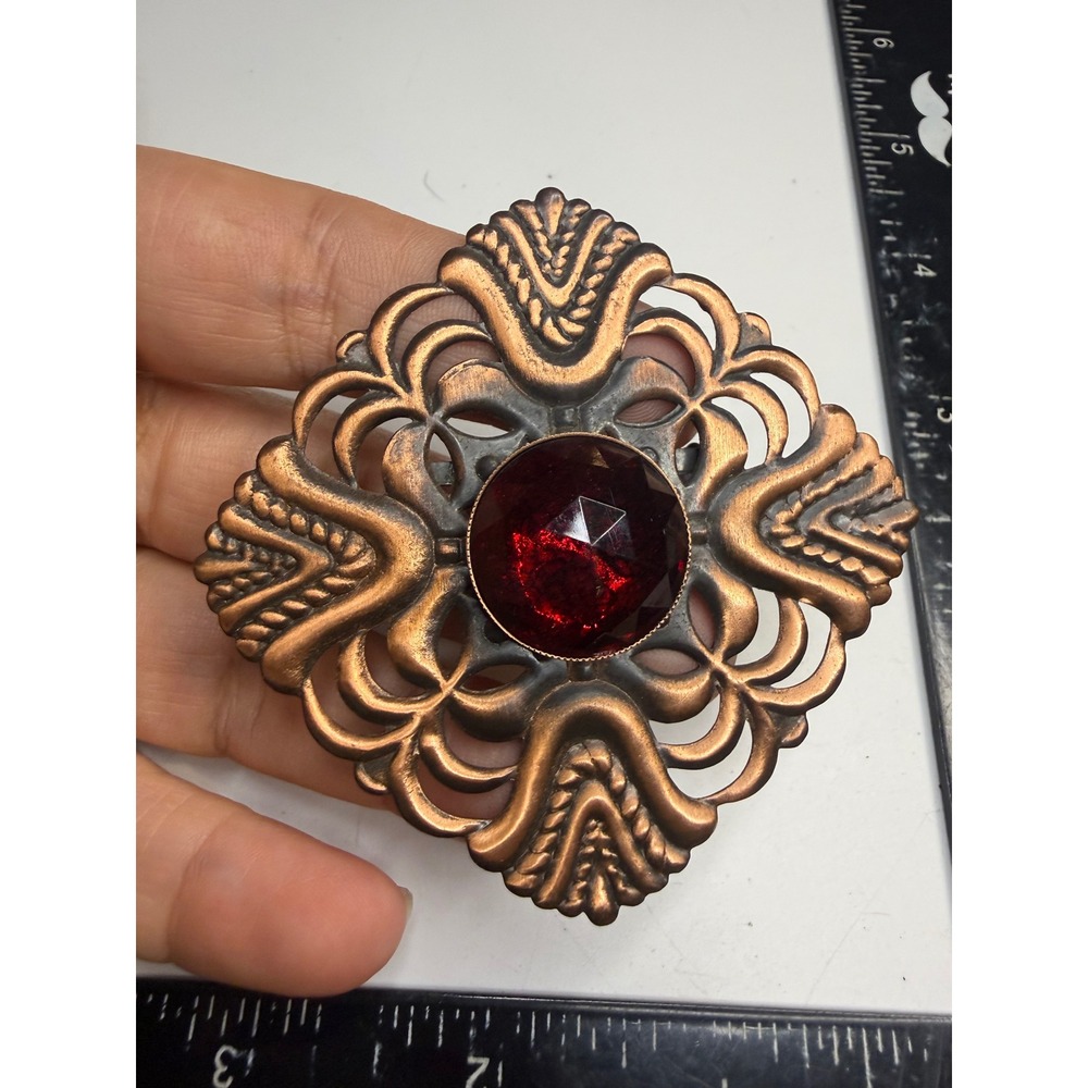 Vintage Copper Tone Filigree Brooch Ornate Red Rhinestone Square Pin 2.25in